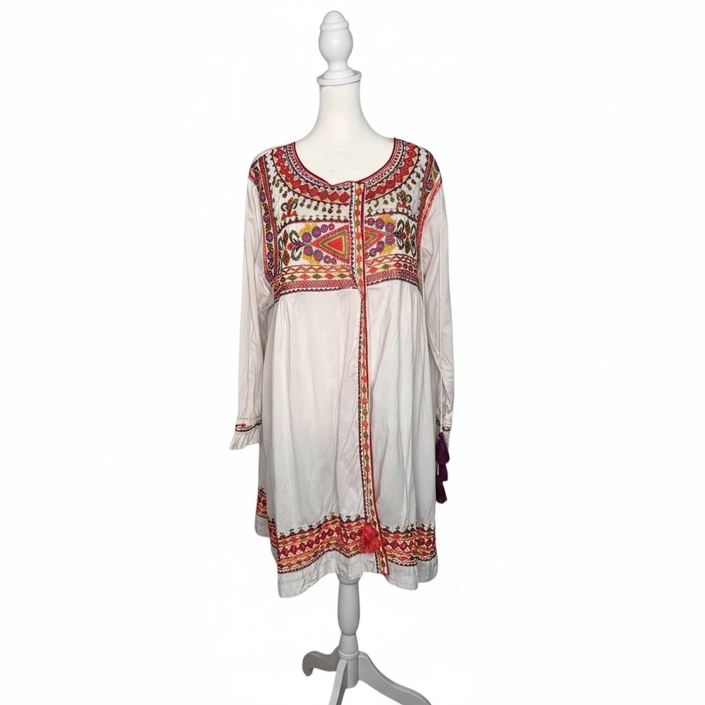 Bohemian Ethnic Long Sleeve Dress with Red Embroidery